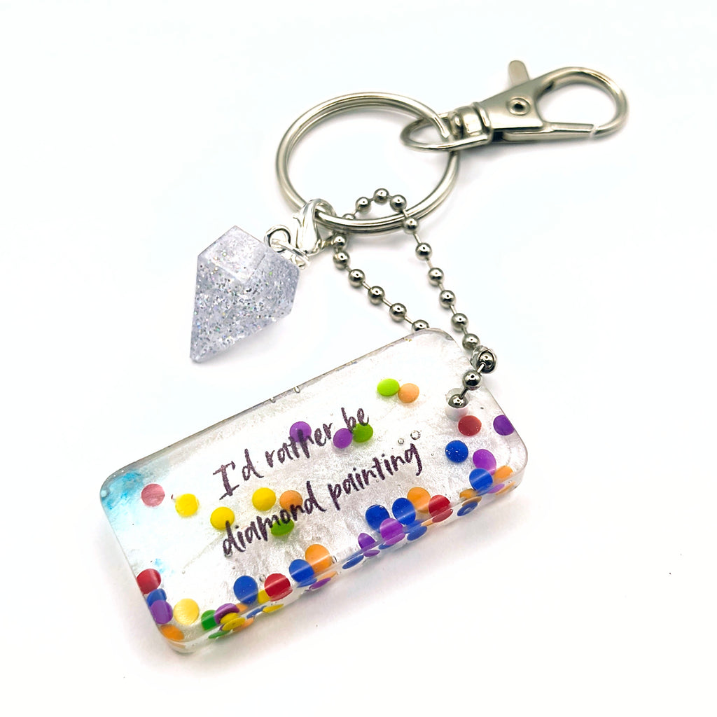 White & Rainbow Colored Drills "I'd Rather Be Diamond Painting" Keychain